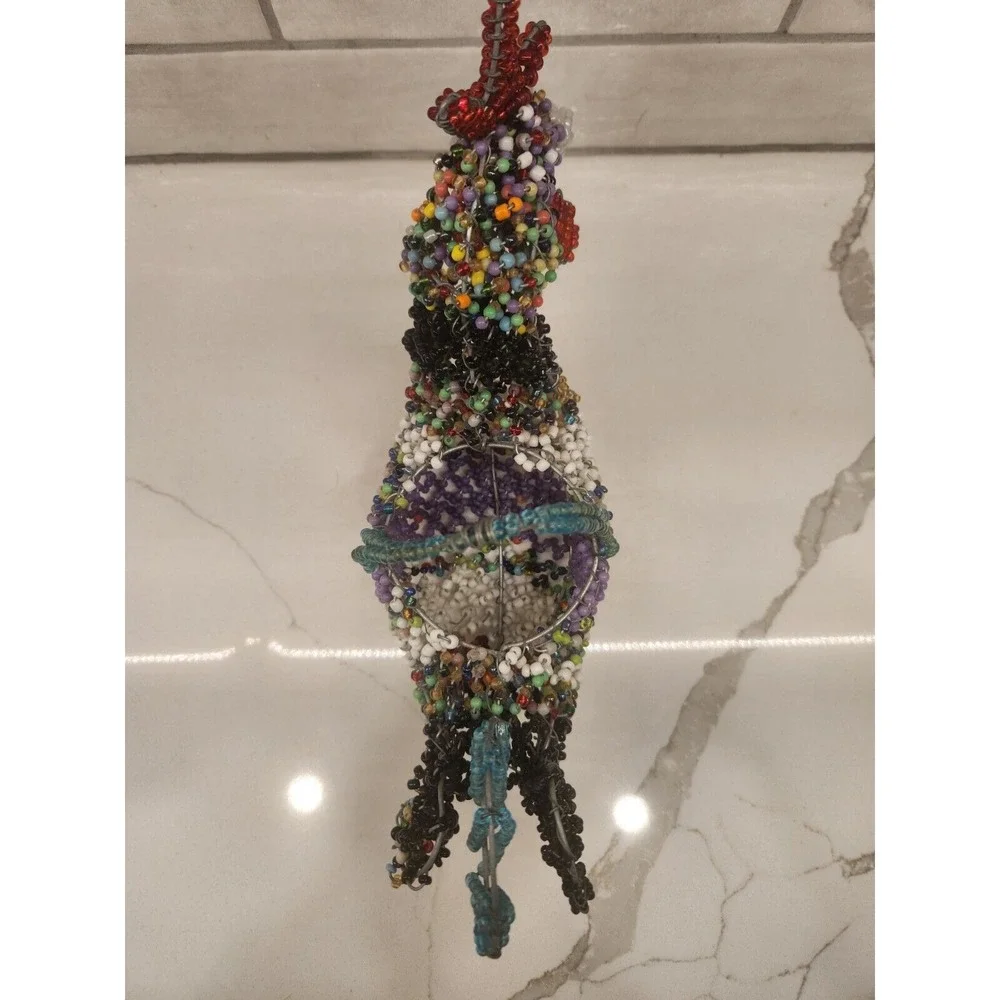 Multicolored Wire Hand Beaded Rooster Basket With Beaded‎ Handle Maker Unknown